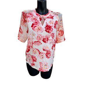 BCB Generation Sheer Floral Blouse Top Half Sleeve High Neck Pink & Red Size XXS